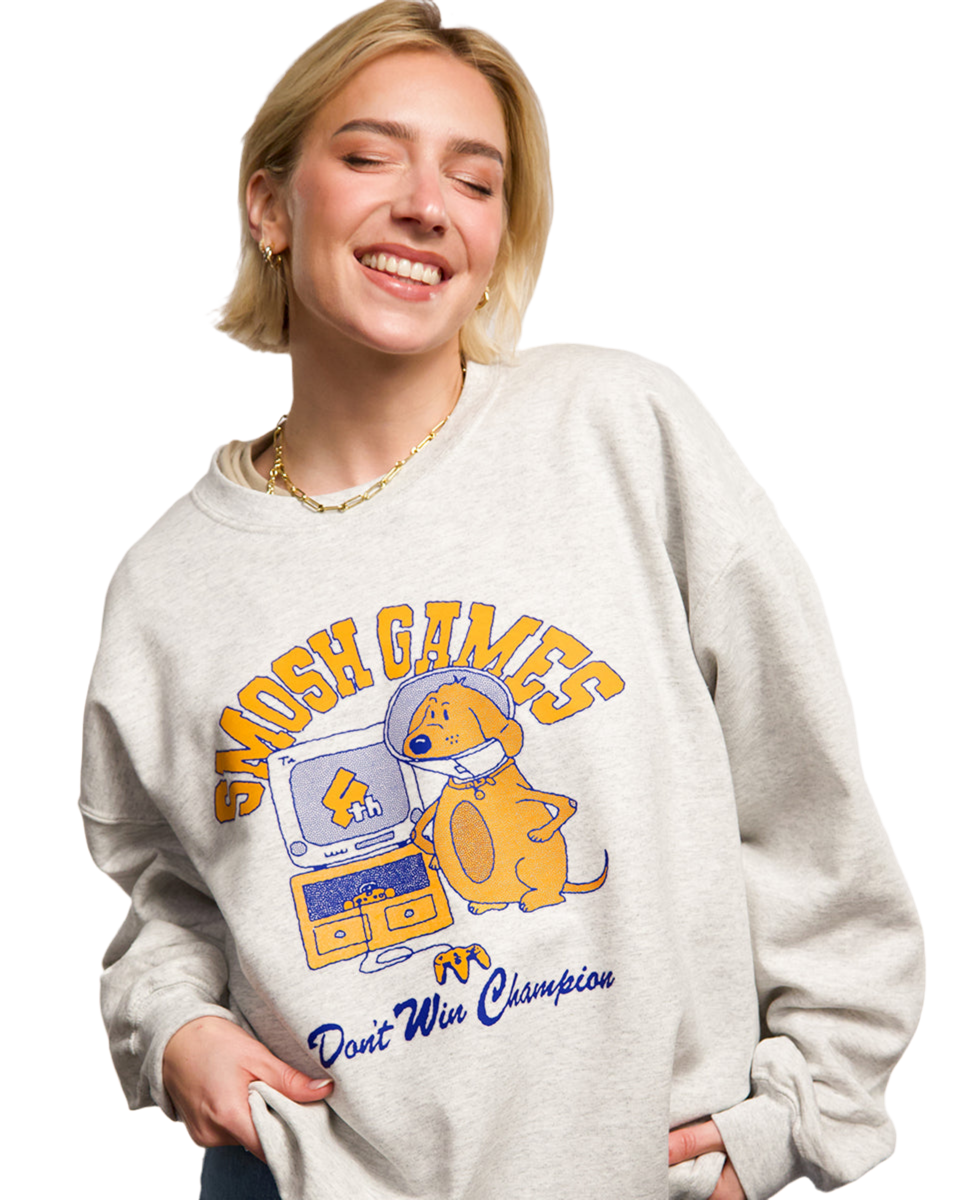 Courtney Miller wearing Smosh games "don't win" grey crewneck