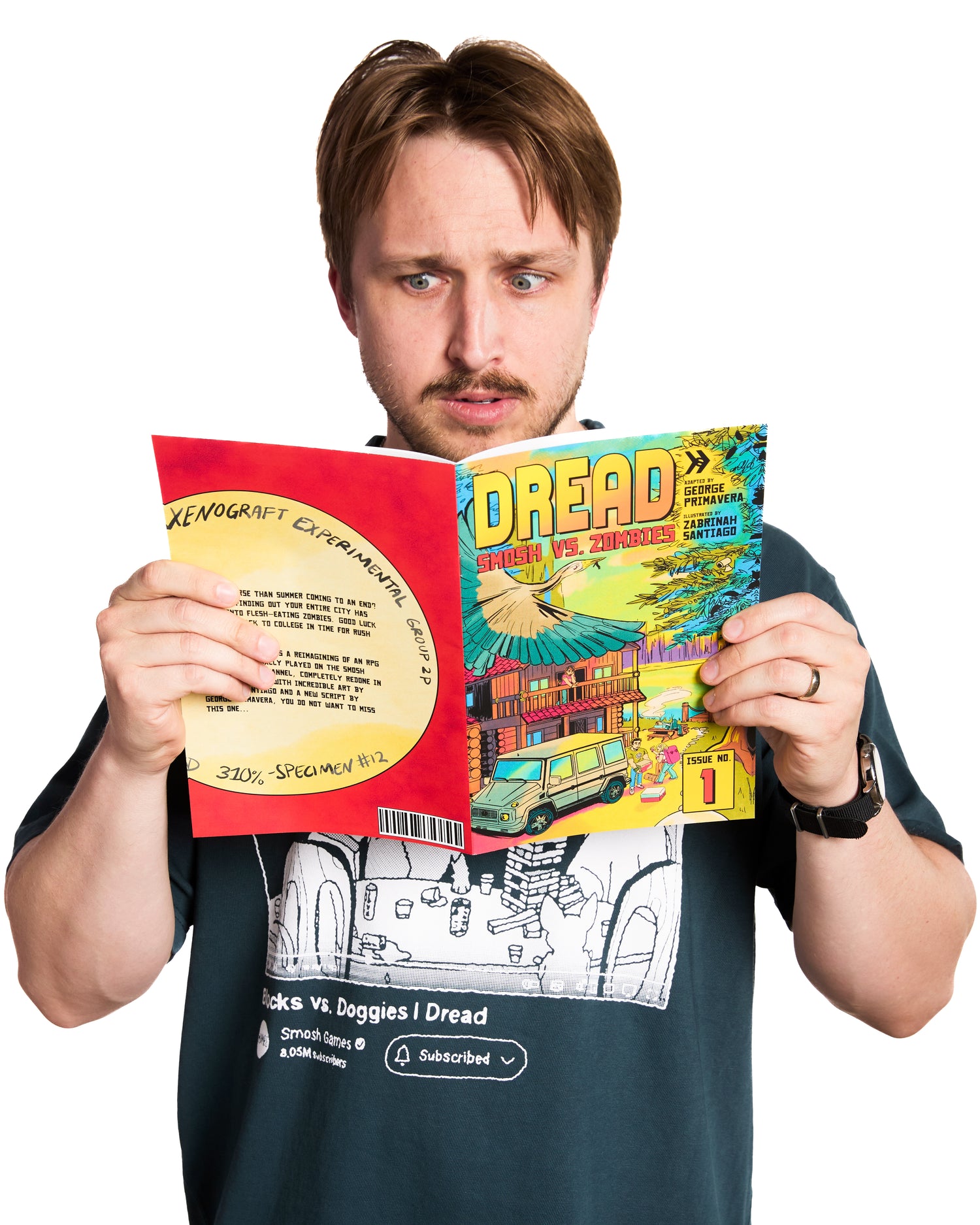 Man holding a colorful book titled 'Dread' against a white background