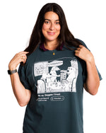 Woman wearing a dark green t-shirt with a graphic design on a white background