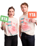 Two people wearing matching t-shirts with graphic designs and text, holding signs with 'NTA' and 'YTA'.