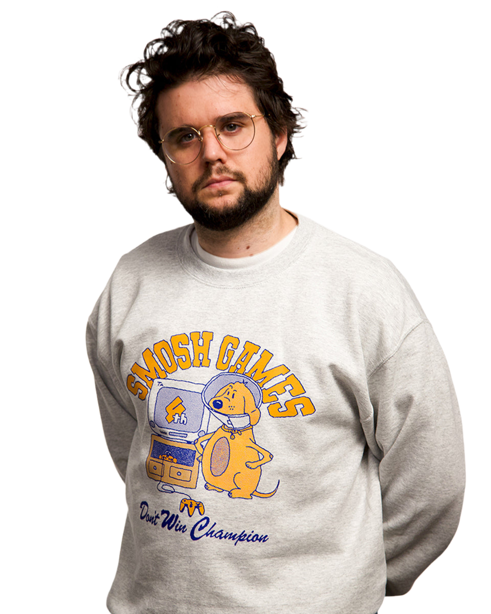 Spencer Agnew wearing Smosh games "don't win" grey crewneck