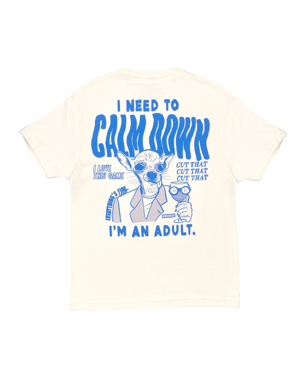 Beige t-shirt with blue graphic and text on a white background