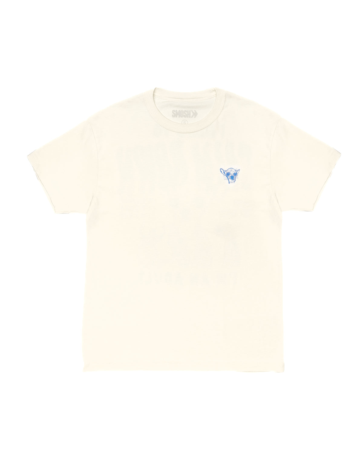 Beige t-shirt with a small dog logo on a white background