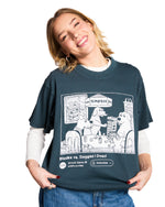 Person wearing a dark blue t-shirt with graphic design and text