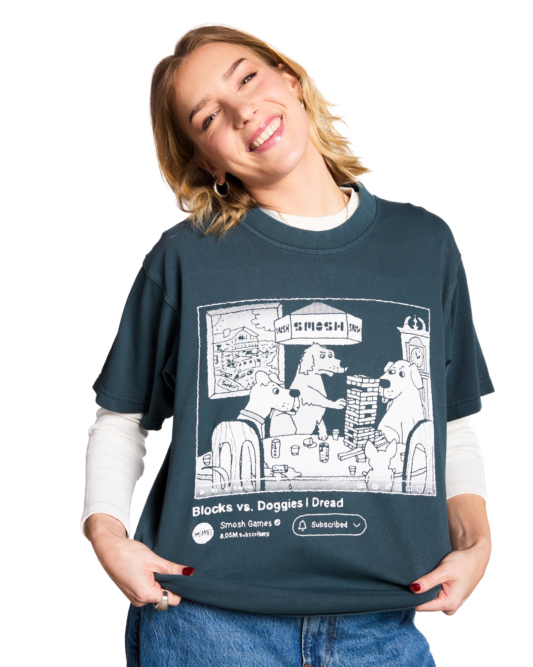 Person wearing a dark blue t-shirt with graphic design and text