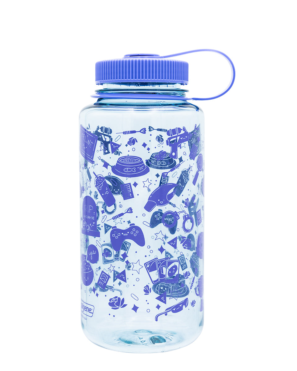 blue cap water bottle with stickers