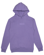 Purple hoodie with 'SMASH' text on a white background