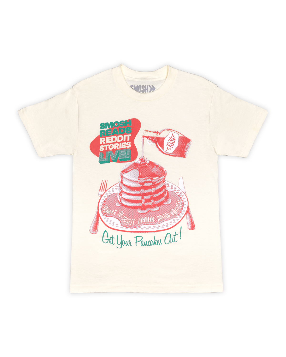 Beige t-shirt with a graphic design of pancakes and text on a white background