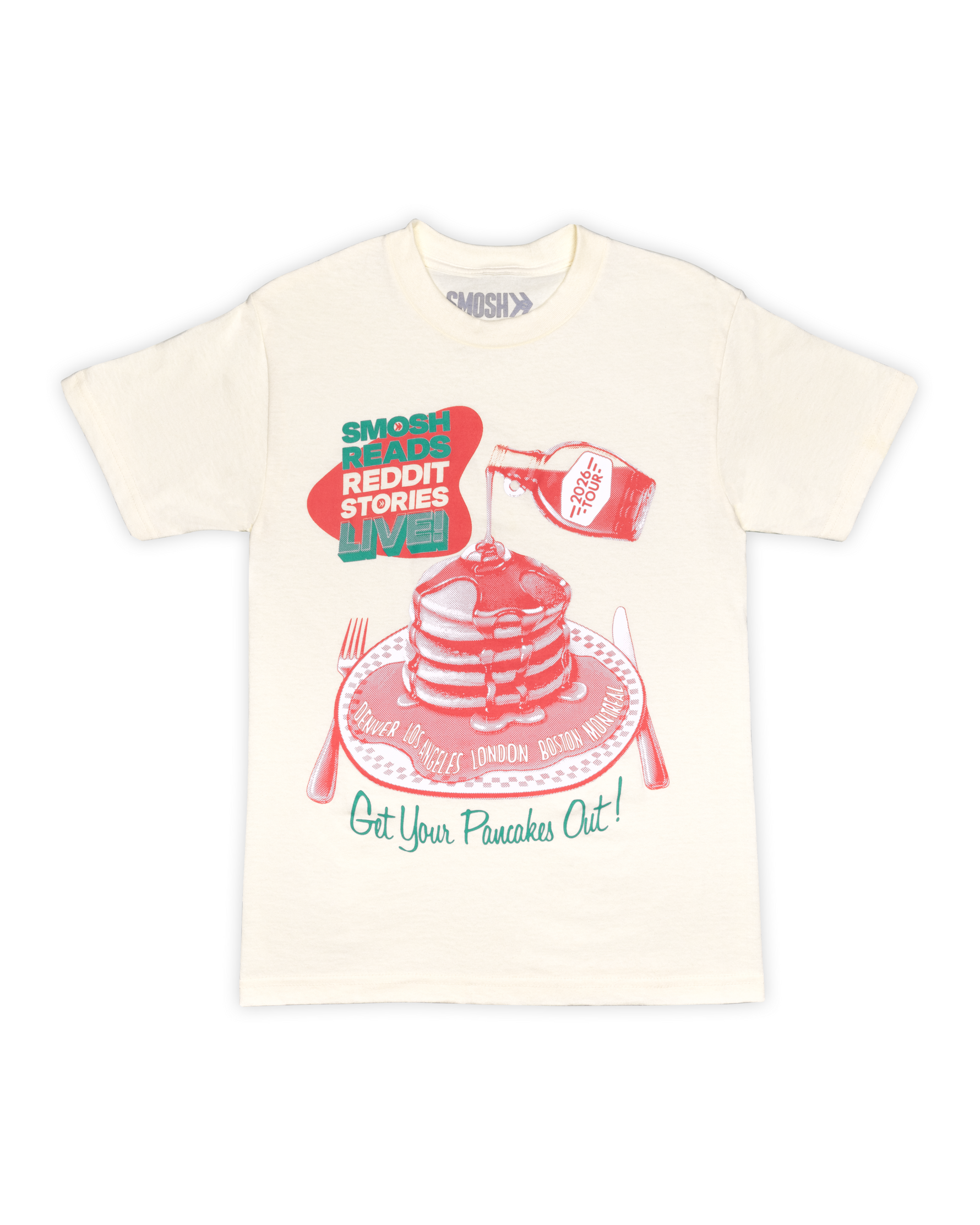 Beige t-shirt with a graphic design of pancakes and text on a white background