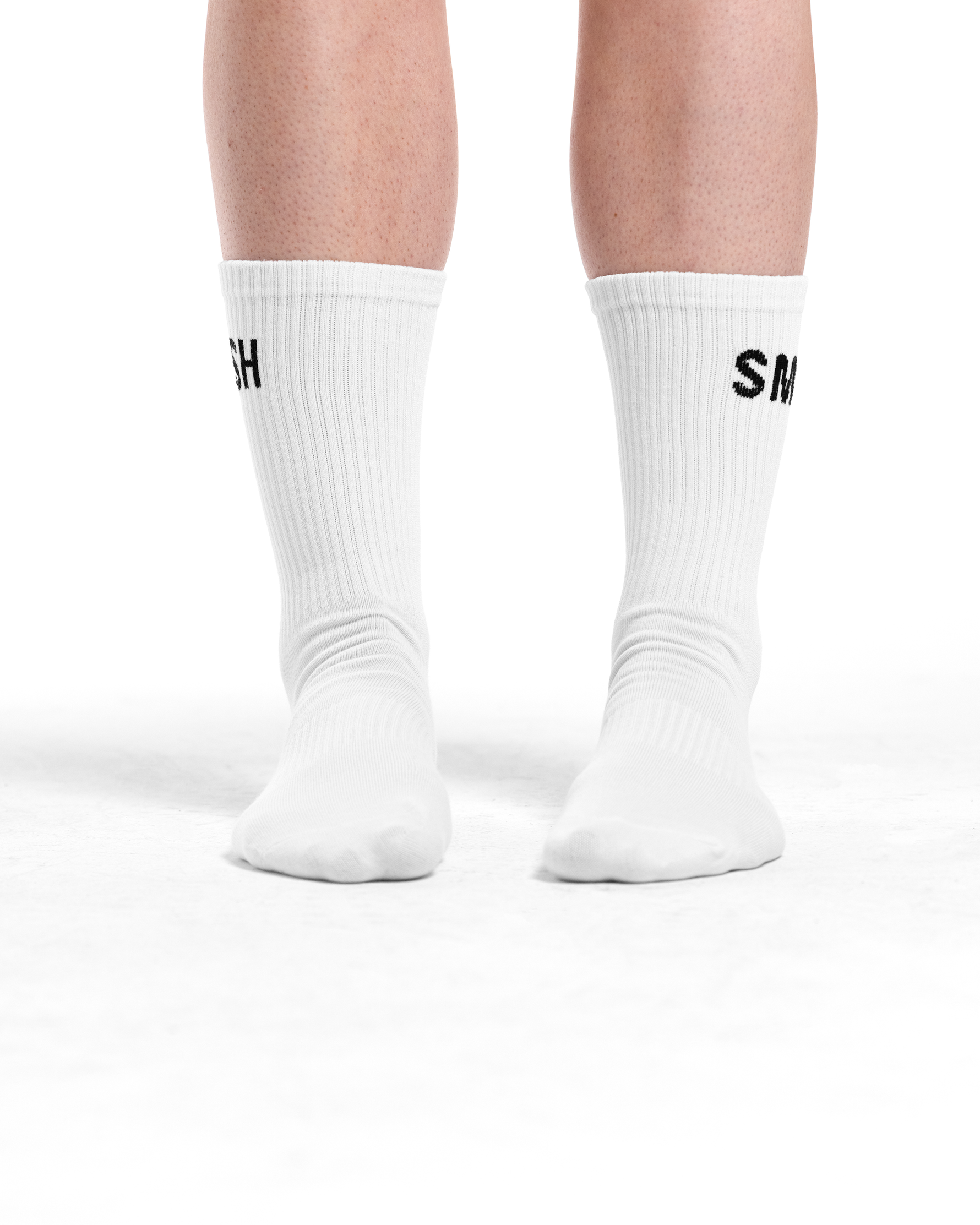 White socks with black text on a white background