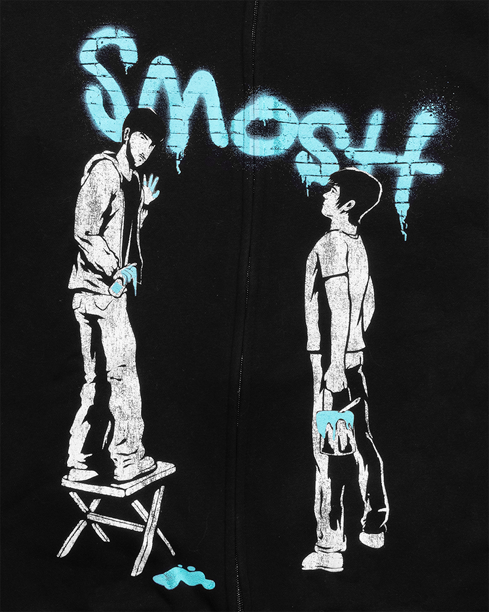 Black hoodie with graphic design of two people and the word 'Smosh' on a dark background