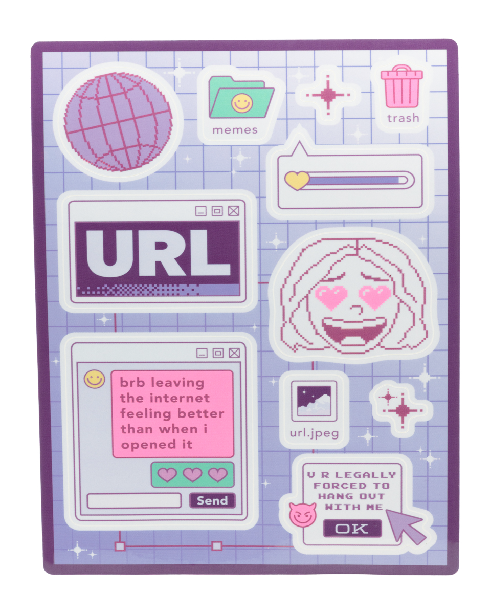 Set of internet-themed stickers on a purple background