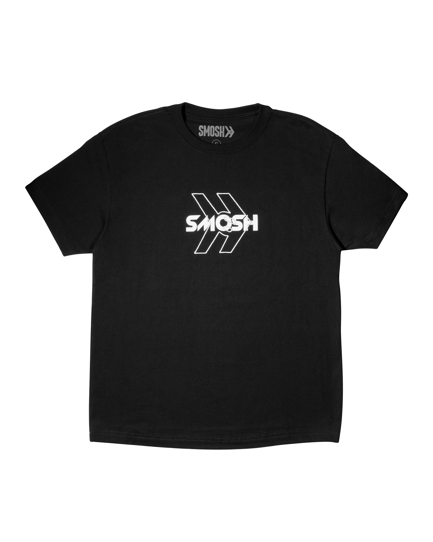 Black t-shirt with a white logo on a white background