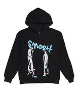 Black hoodie with graphic design and 'SMOSH' text on a white background