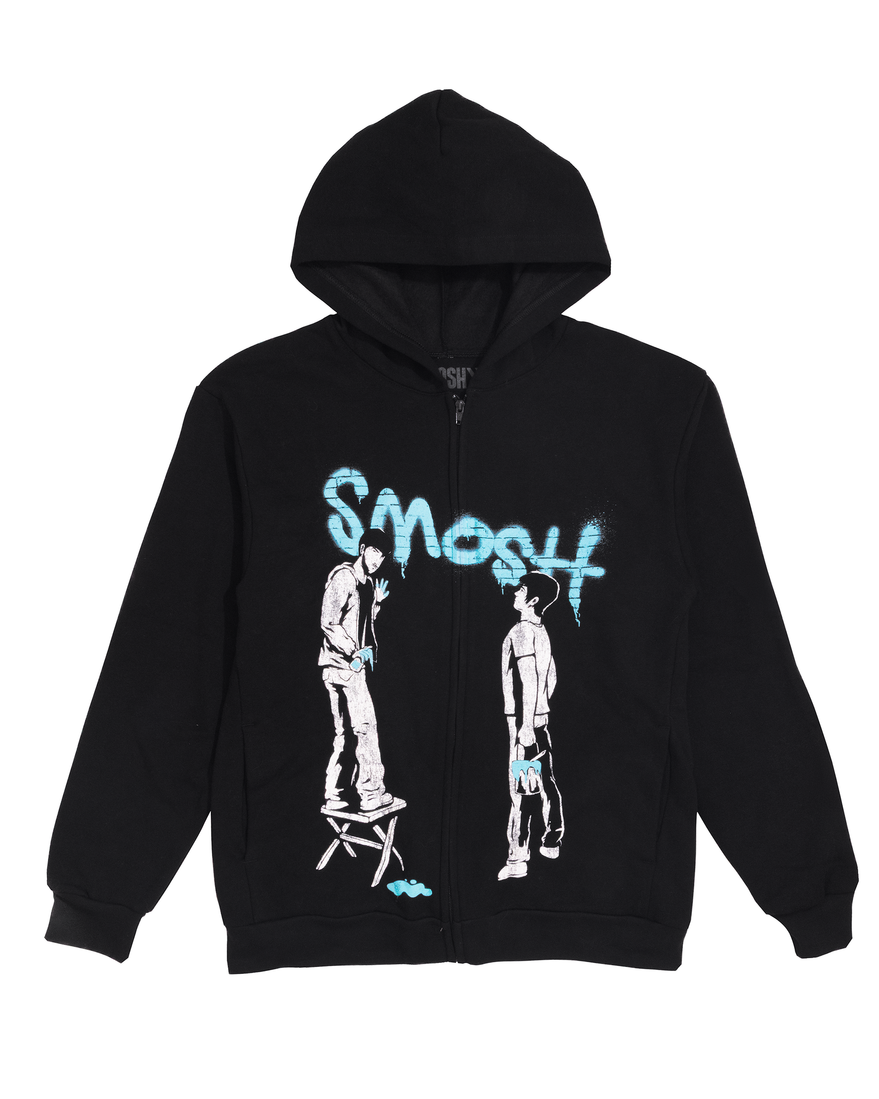 Black hoodie with graphic design and 'SMOSH' text on a white background