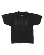 A black crew neck t-shirt with the word 'SMOSH' printed in capital letters across the chest.