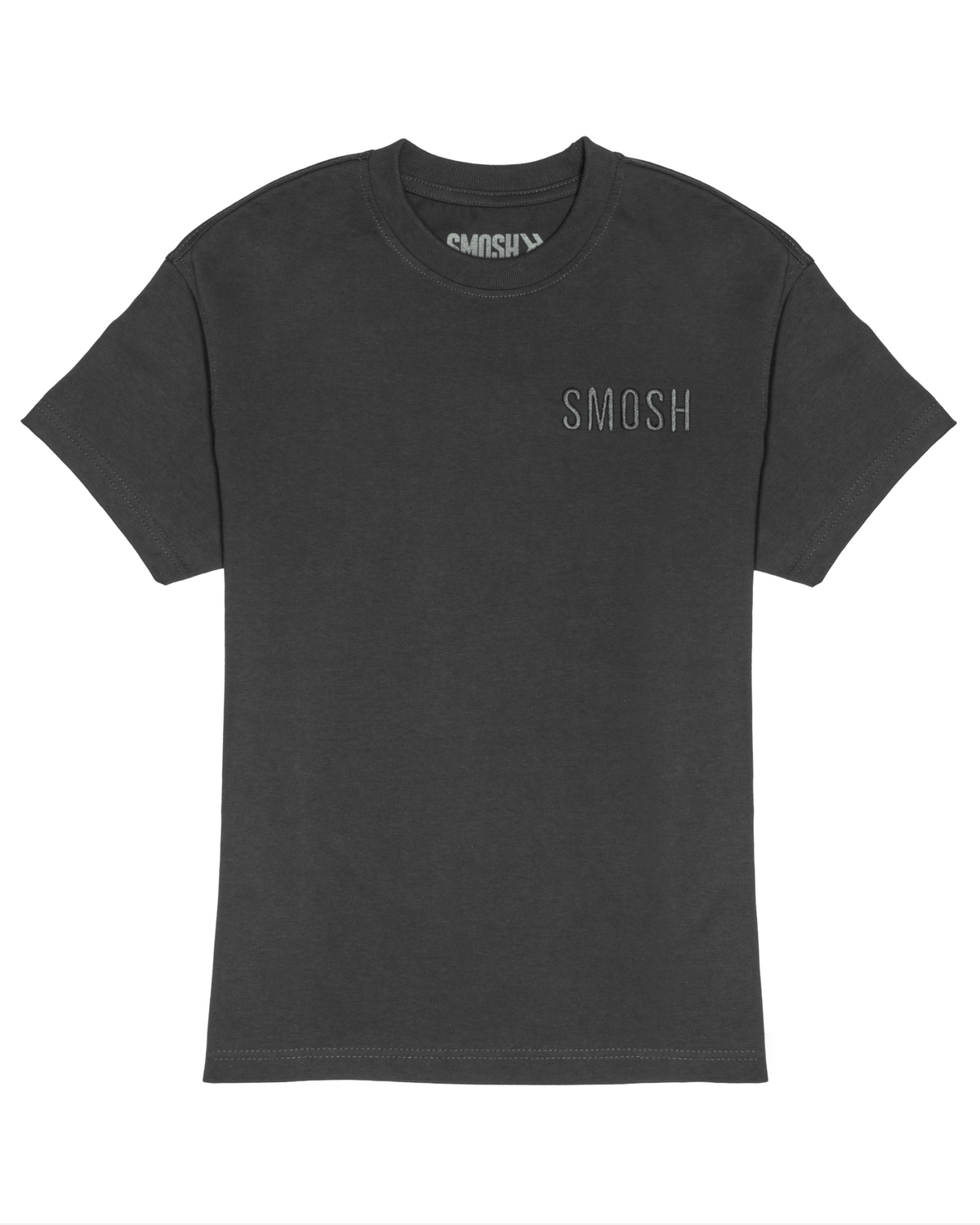 Dark grey t-shirt with 'SMOSH' logo on a white background