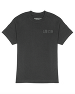 Black t-shirt with 'SMASH' logo on a white background