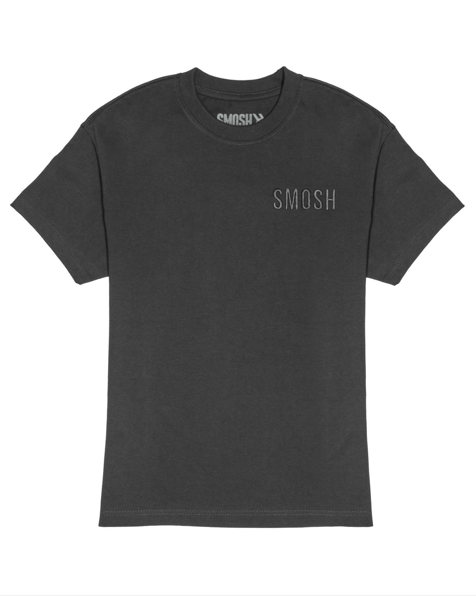 Black t-shirt with 'SMASH' logo on a white background