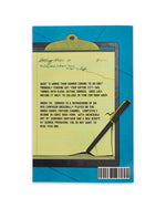 Notebook cover with a yellow notepad and pen illustration on a blue background