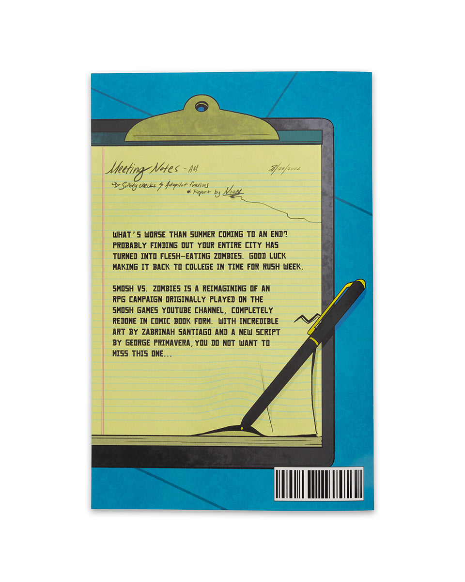 Notebook cover with a yellow notepad and pen illustration on a blue background