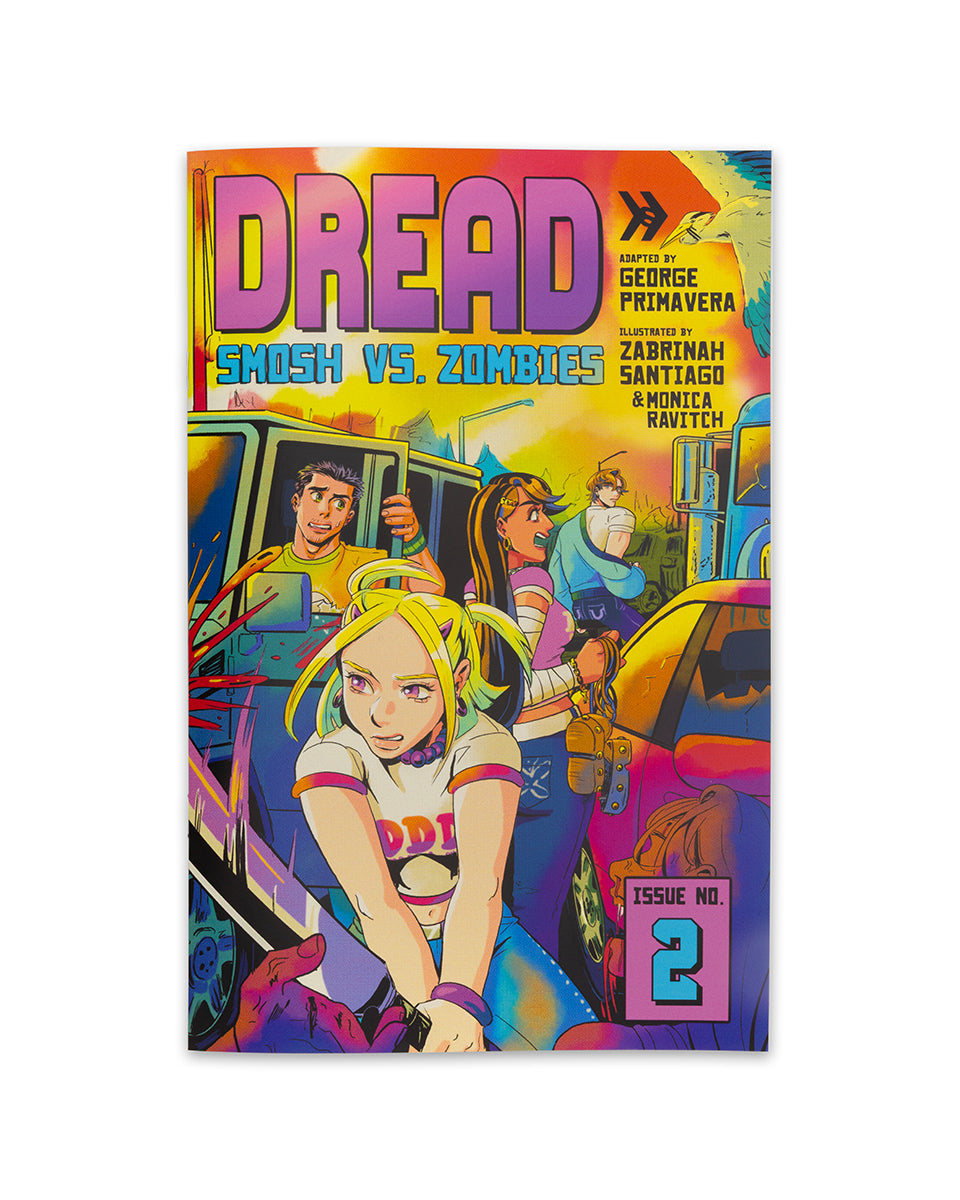 Comic book cover titled 'DREAD Smash vs. Zombies' with colorful art and characters.