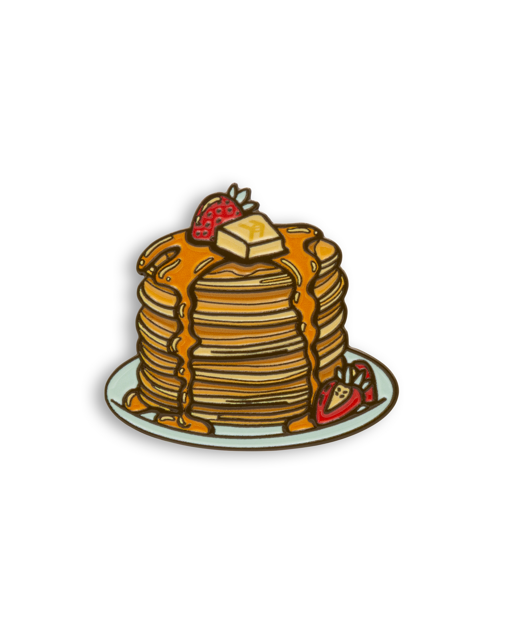 Enamel pin with a stack of pancakes, syrup, and strawberries on a white background