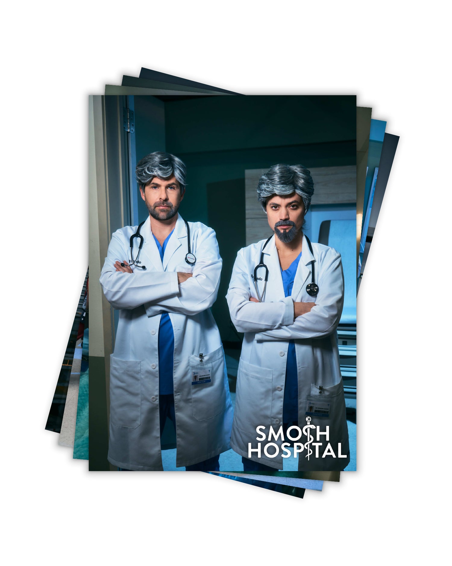 Stack of posters featuring two characters in medical attire with 'Smosh Hospital' branding.
