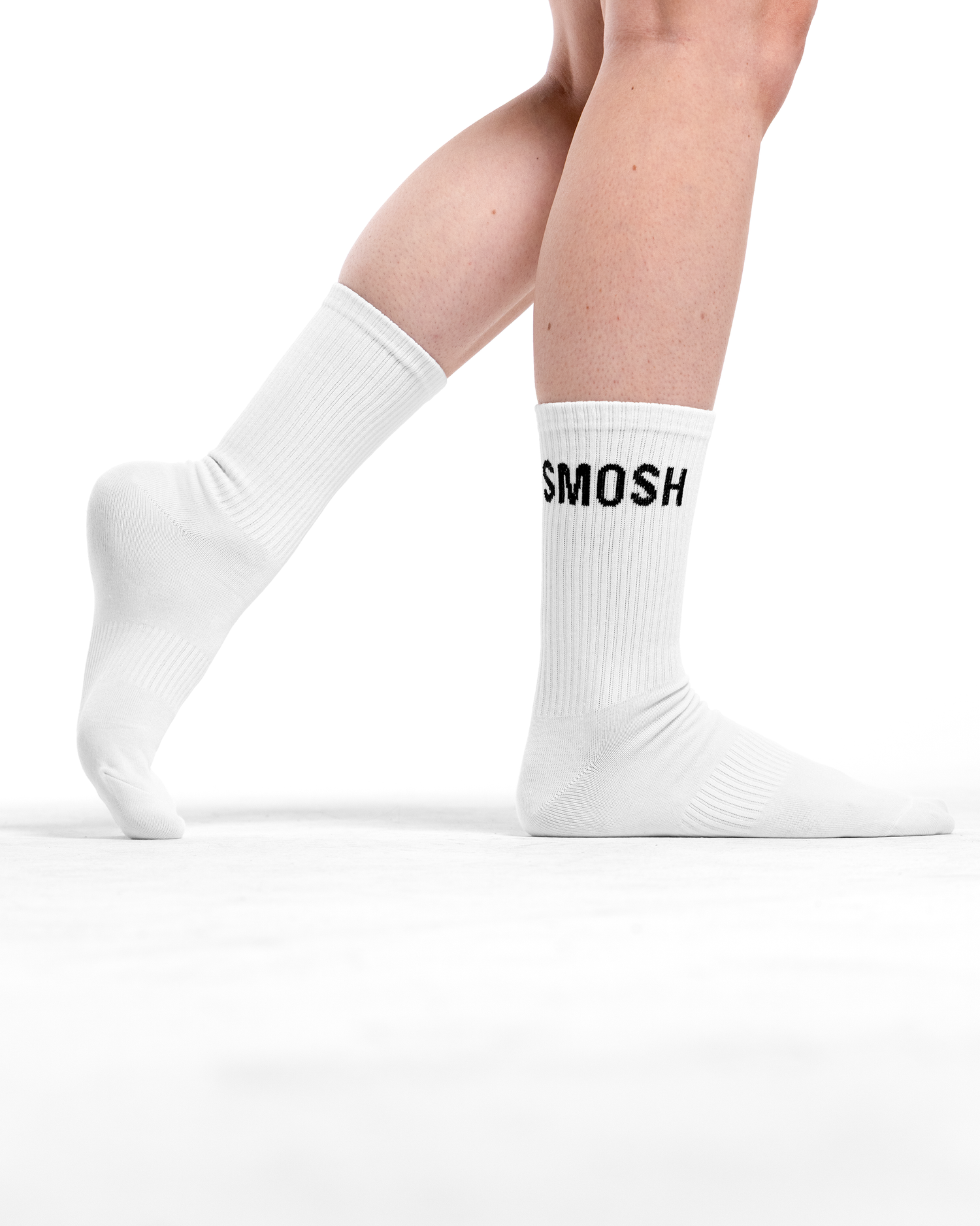 White socks with 'Smosh' branding on a white background