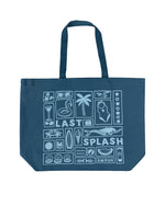 dark blue tote bag that reads last splash Smosh with many icons in boxes text and icons are light blue