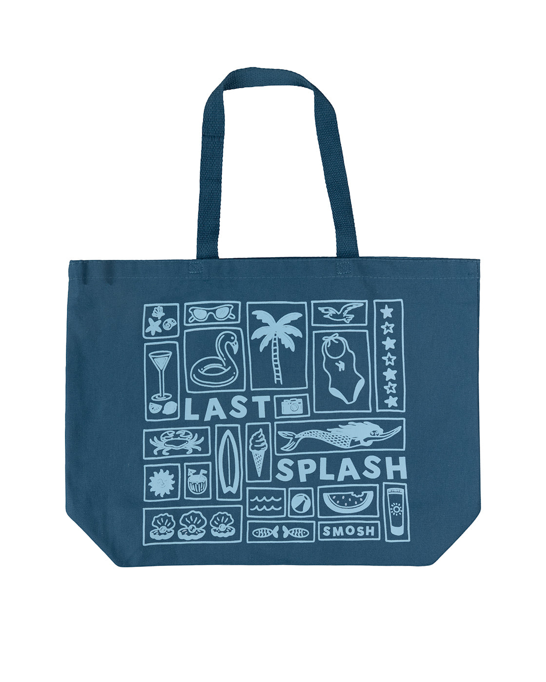 dark blue tote bag that reads last splash Smosh with many icons in boxes text and icons are light blue