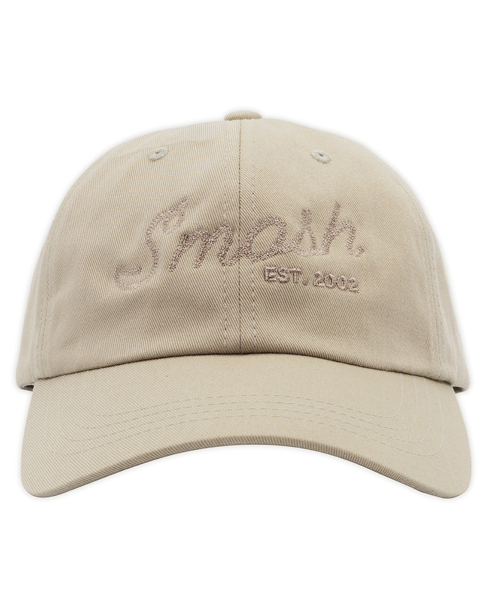 cream colored hat that says smosh est. 2002