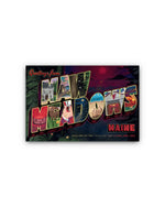 Colorful vintage-style sign with 'Greetings from New Meadows, Maine' on a white background