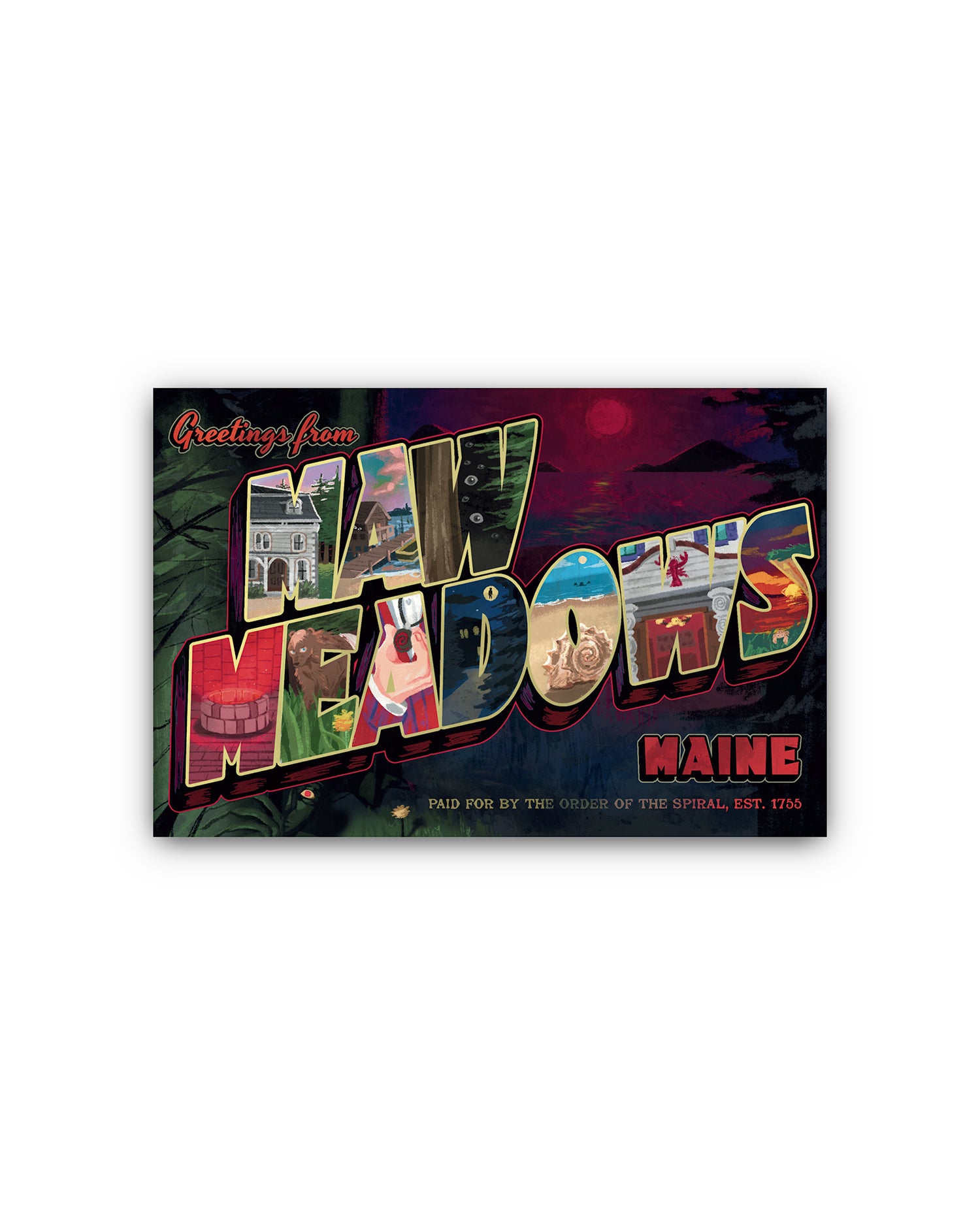 Colorful vintage-style sign with 'Greetings from New Meadows, Maine' on a white background