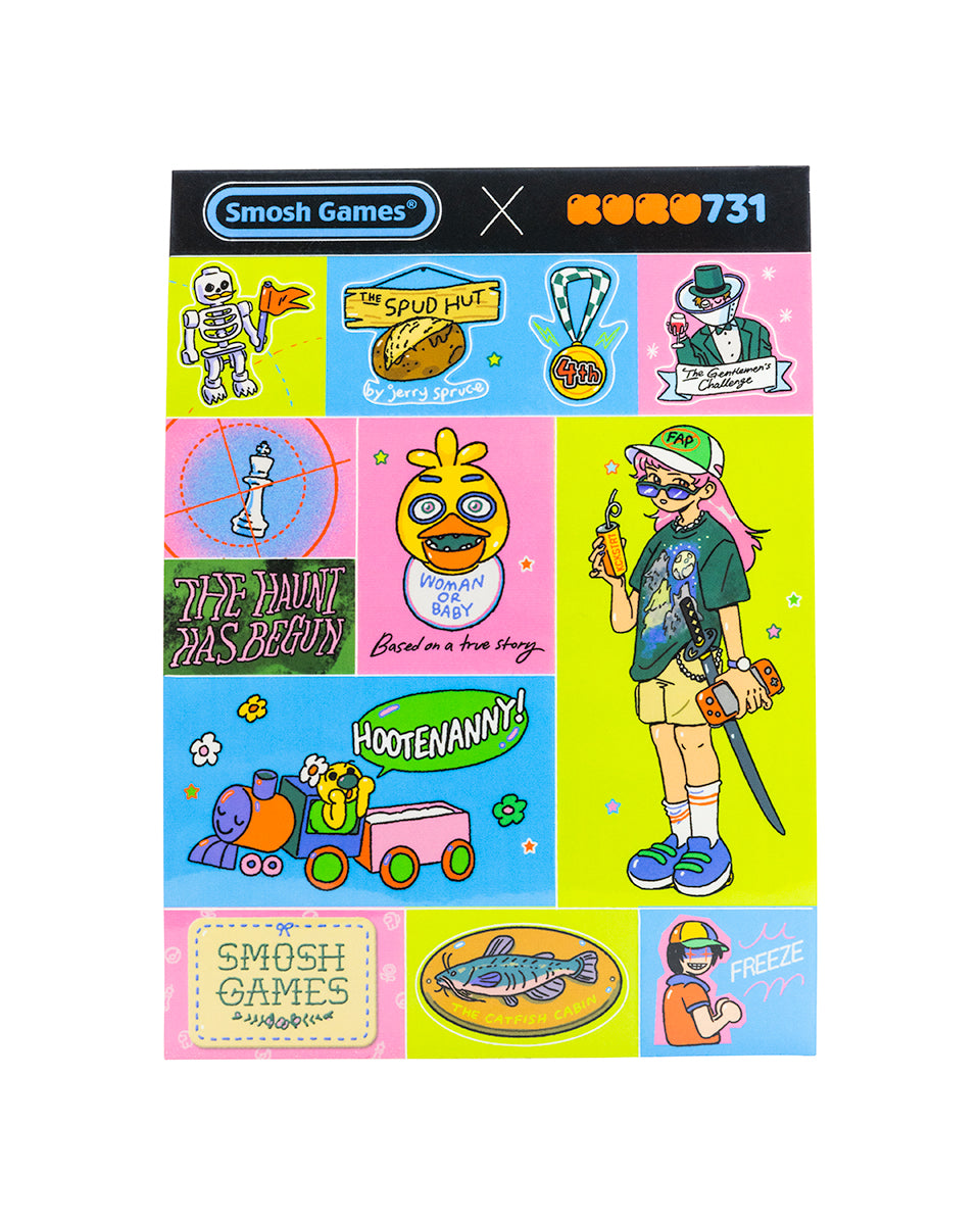 Colorful sticker sheet with games references smosh
