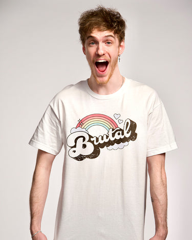 Trevor Evarts in a White Smosh Brutal short sleeve t-shirt