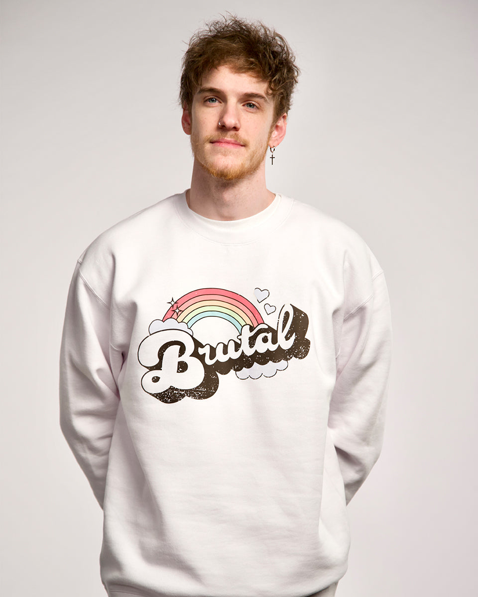 Taylor Evarts in a White Smosh Brutal crewneck sweater