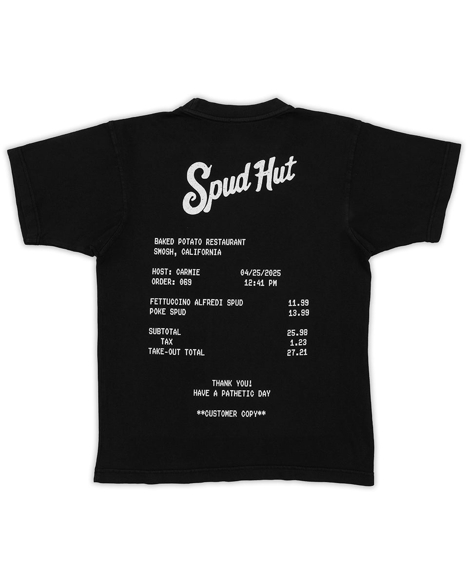  receipt printed on the back of black tshirt