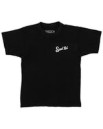 A black crew neck t-shirt with the text 'Spud Hut' printed on the front.