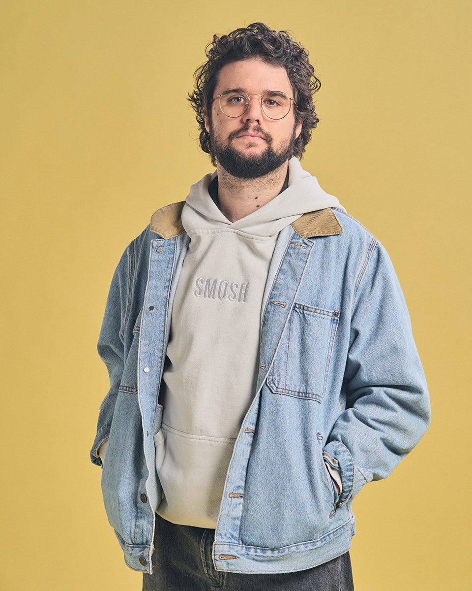 Spencer Agnew in grey Smosh essentials embroidered hoodie