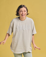 Angela Giarratana in a cream smosh puffy tee