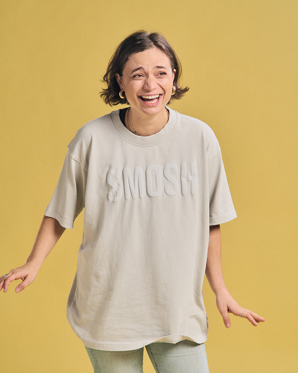 Angela Giarratana in a cream smosh puffy tee