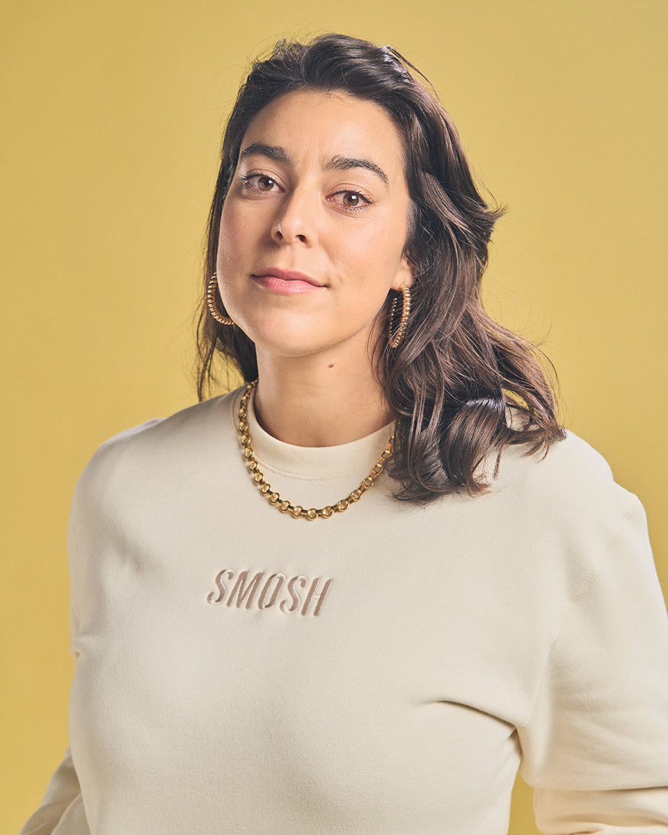 Amanda lehan-Canto wearing Cream Smosh Essentials Embroidered Crewneck