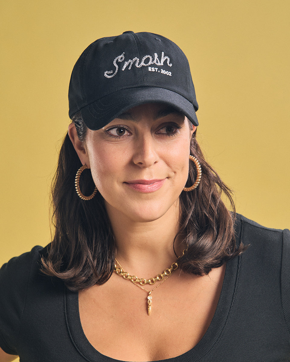 Amanda Lehan-Canto in a black embroidered smosh dad hat