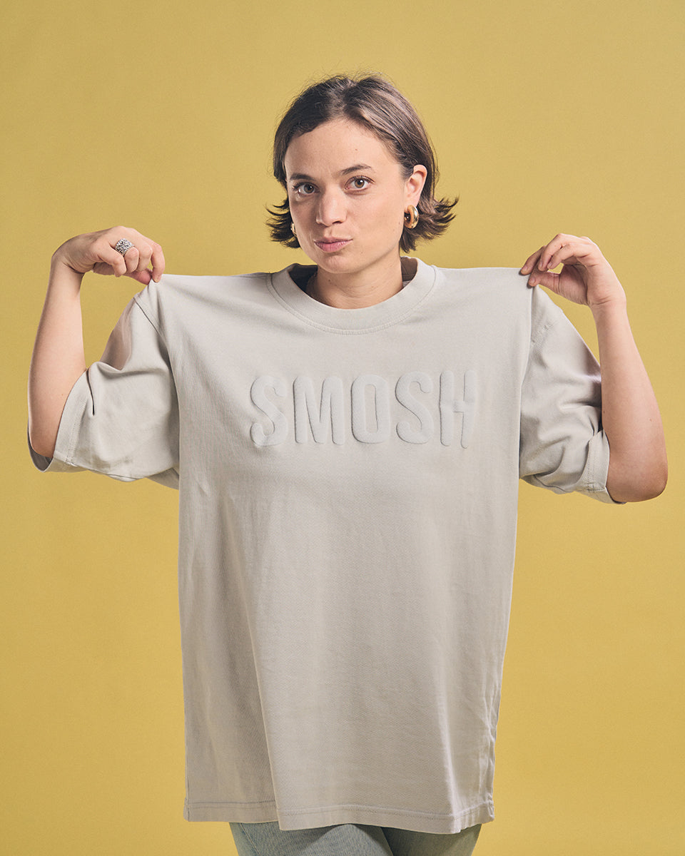 Angela Giarratana in a cream smosh puffy tee