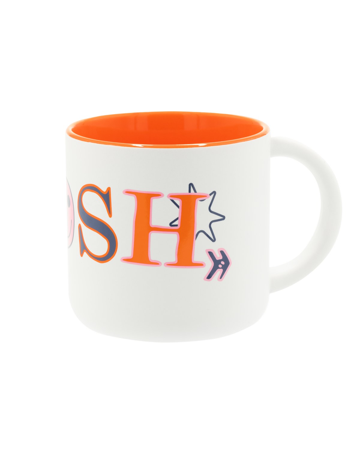 white mug with orange interior with multicolor smosh printed around outside of mug on a white background