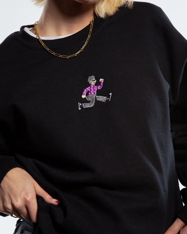 Close up of SMOSH black long sleeve Gerald Cakes Crewneck