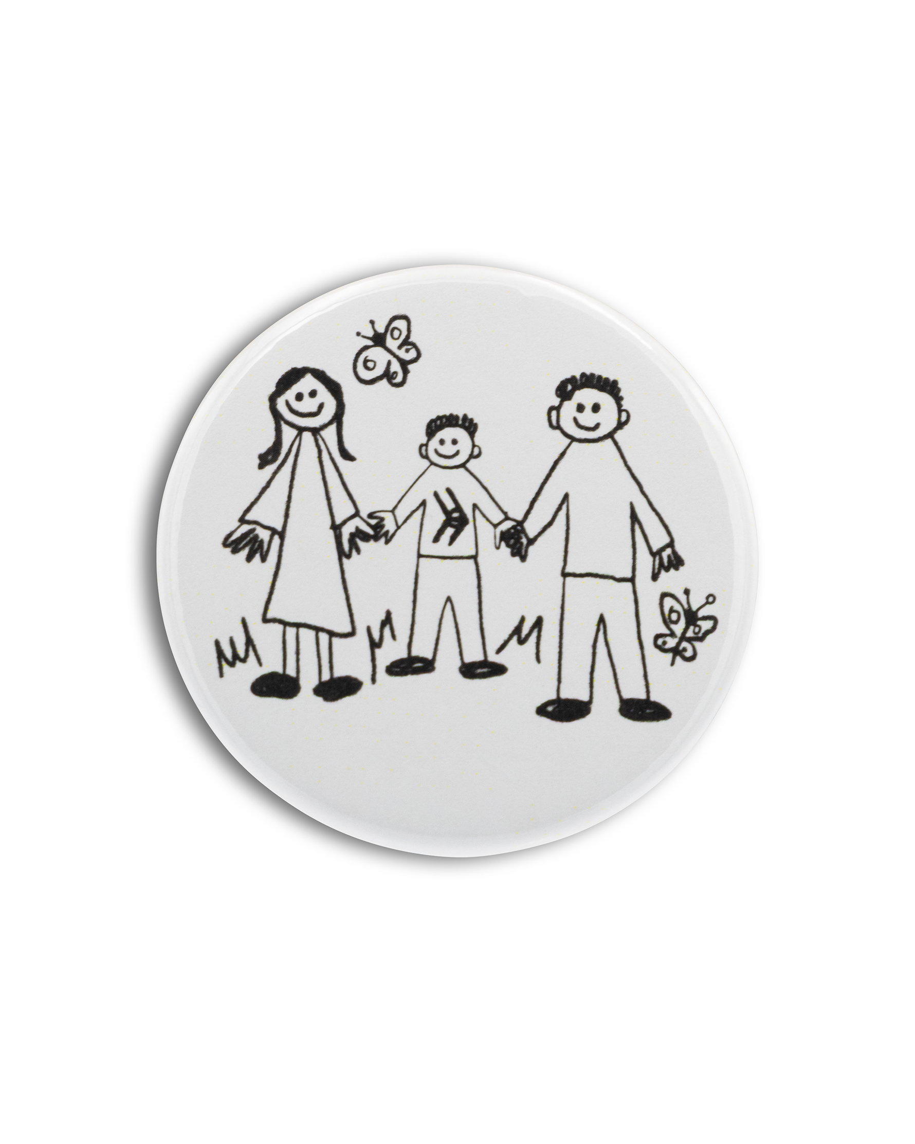 Round white plate with black line drawings of a family and butterflies on a white background