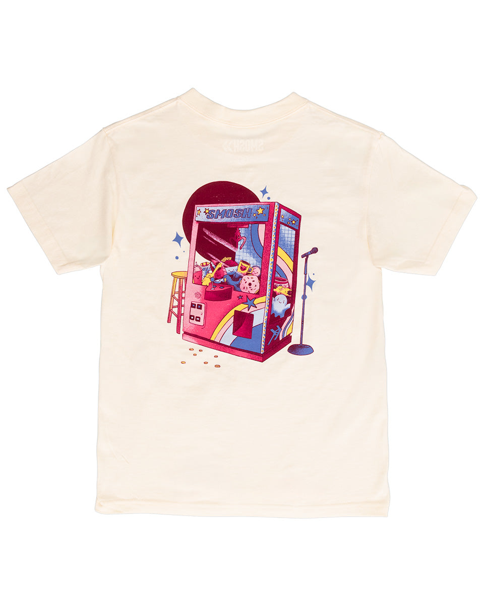 back of cream t-shirt with  claw machine 