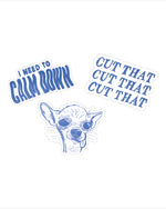 Two blue stickers with text and a dog illustration on a white background